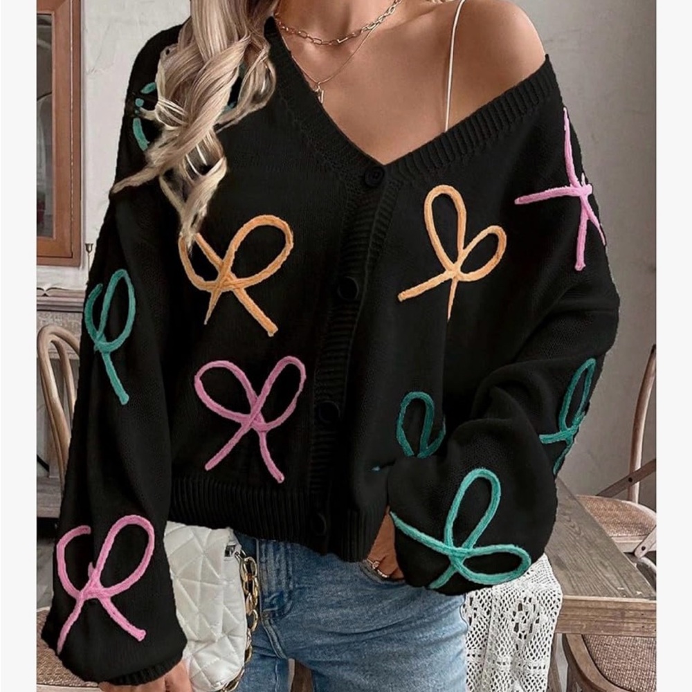 Black Women's Button-Front Sweater Cardigan with Multicolor Ribbon Embroidery